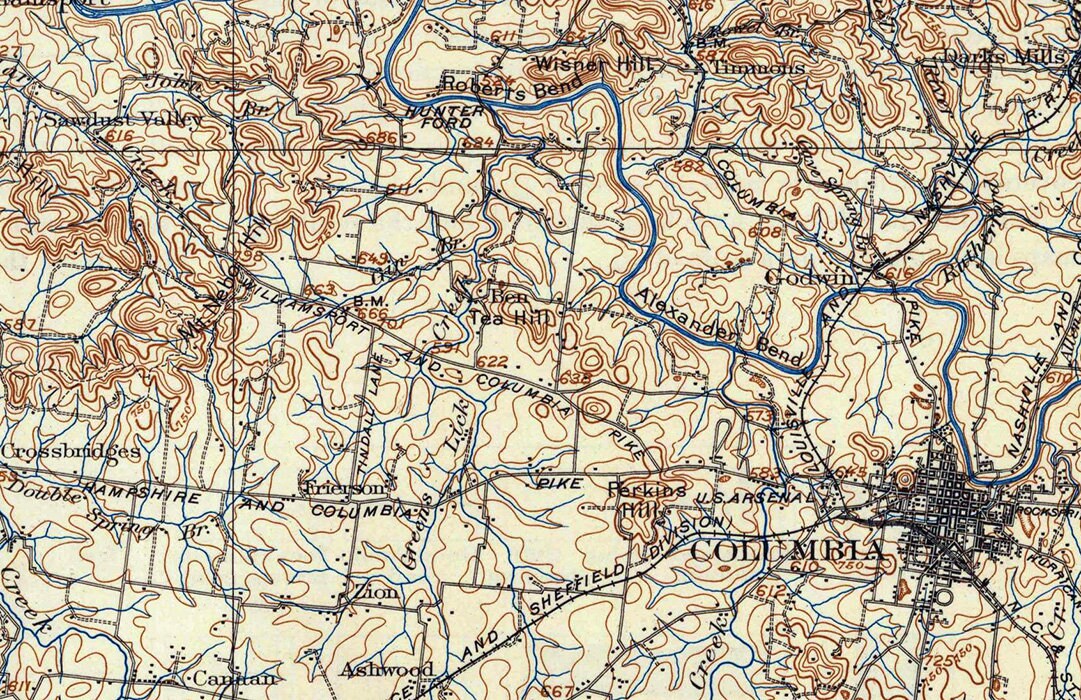 1901 Topo Map of Columbia Tennessee Maury County