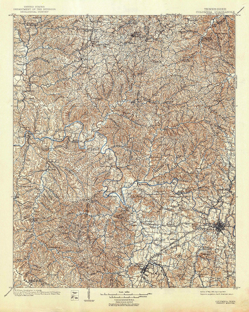 1901 Topo Map of Columbia Tennessee Maury County