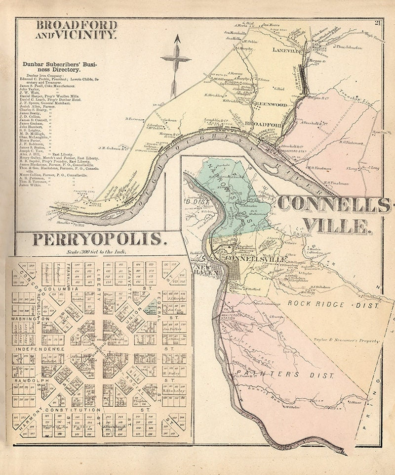 1872 Map of Connellsville Township Fayette County PA