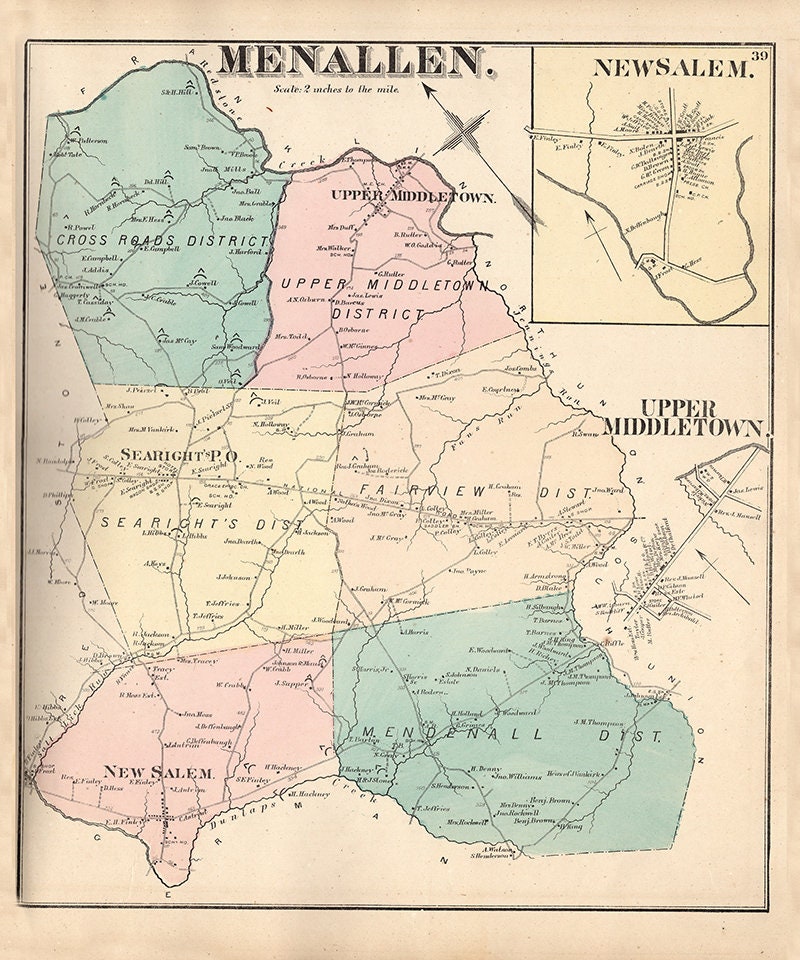 1872 Map of Menallen Township Fayette County PA New Salem
