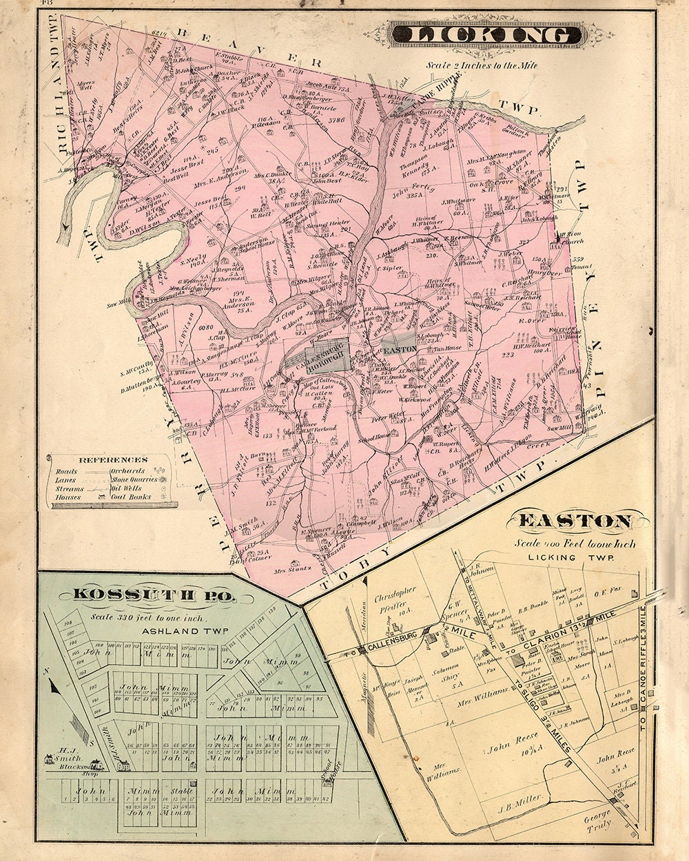 1877 Map of Licking Township Clarion County PA Kossuth Easton