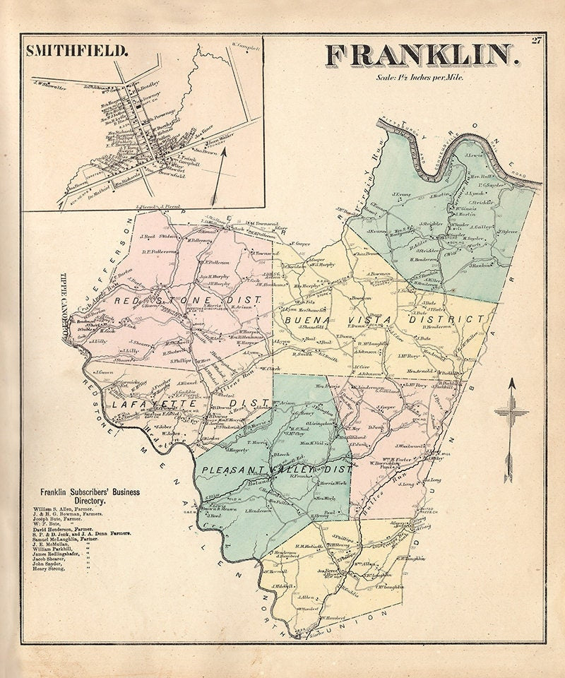 1872 Map of Franklin Township Fayette County PA Smithfield