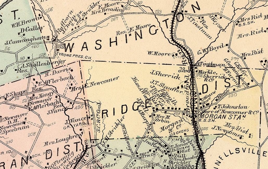 1872 Map of Tyrone Township Fayette County PA Dawson Station