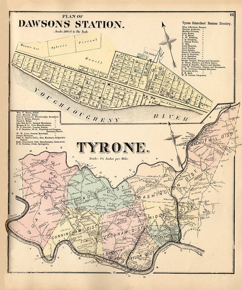 1872 Map of Tyrone Township Fayette County PA Dawson Station