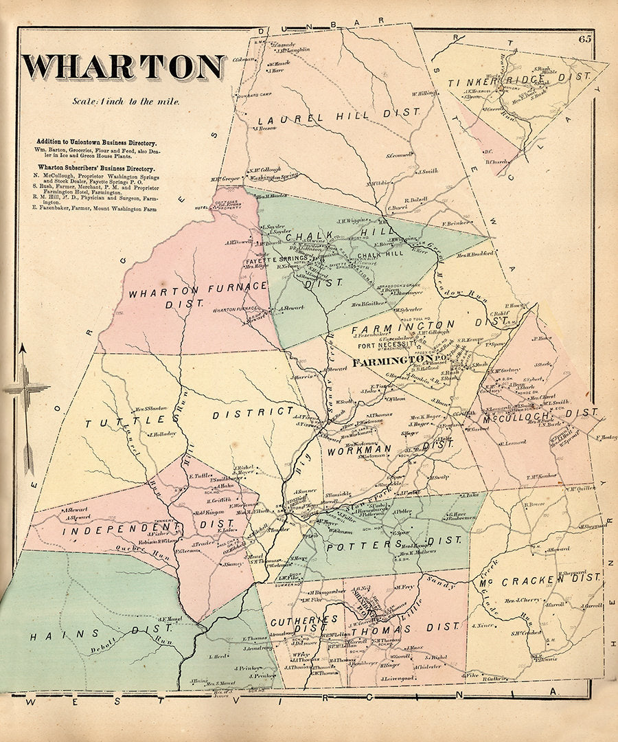 1872 Map of Wharton Township Fayette County PA