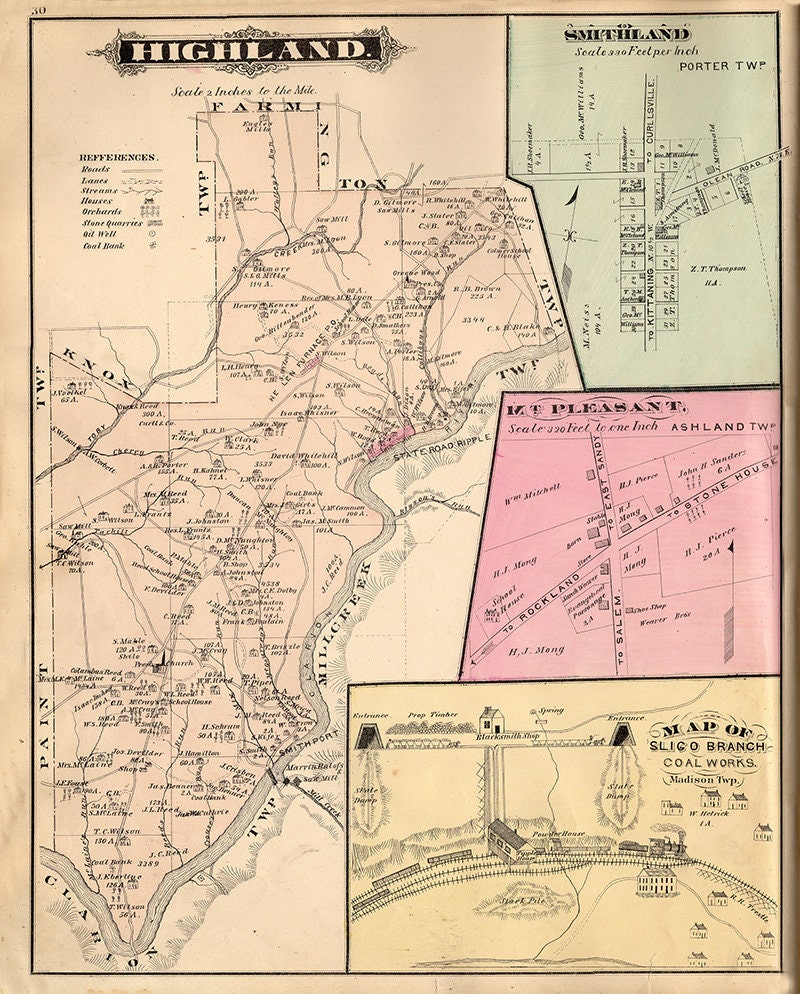 1877 Map of Highland Smithland & Mt Pleasant Clarion County Pa
