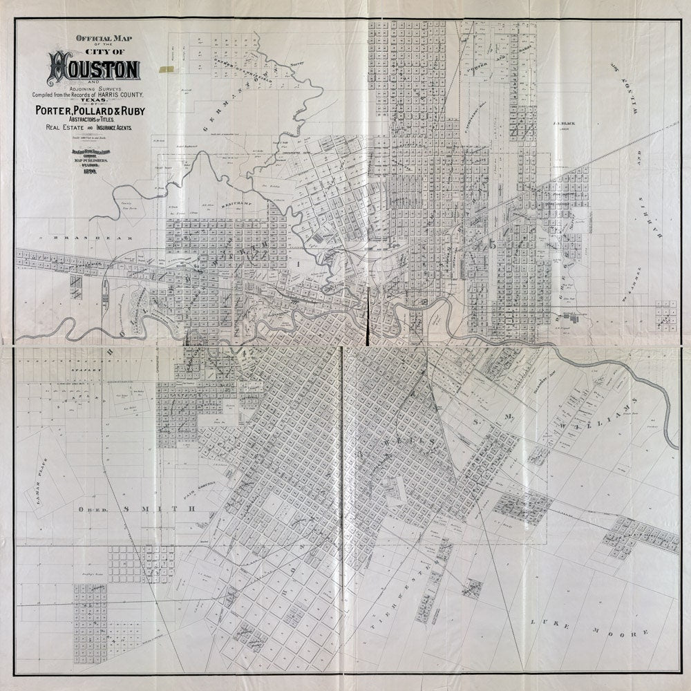 1890 Map of Houston Texas & Adjoining Surveys