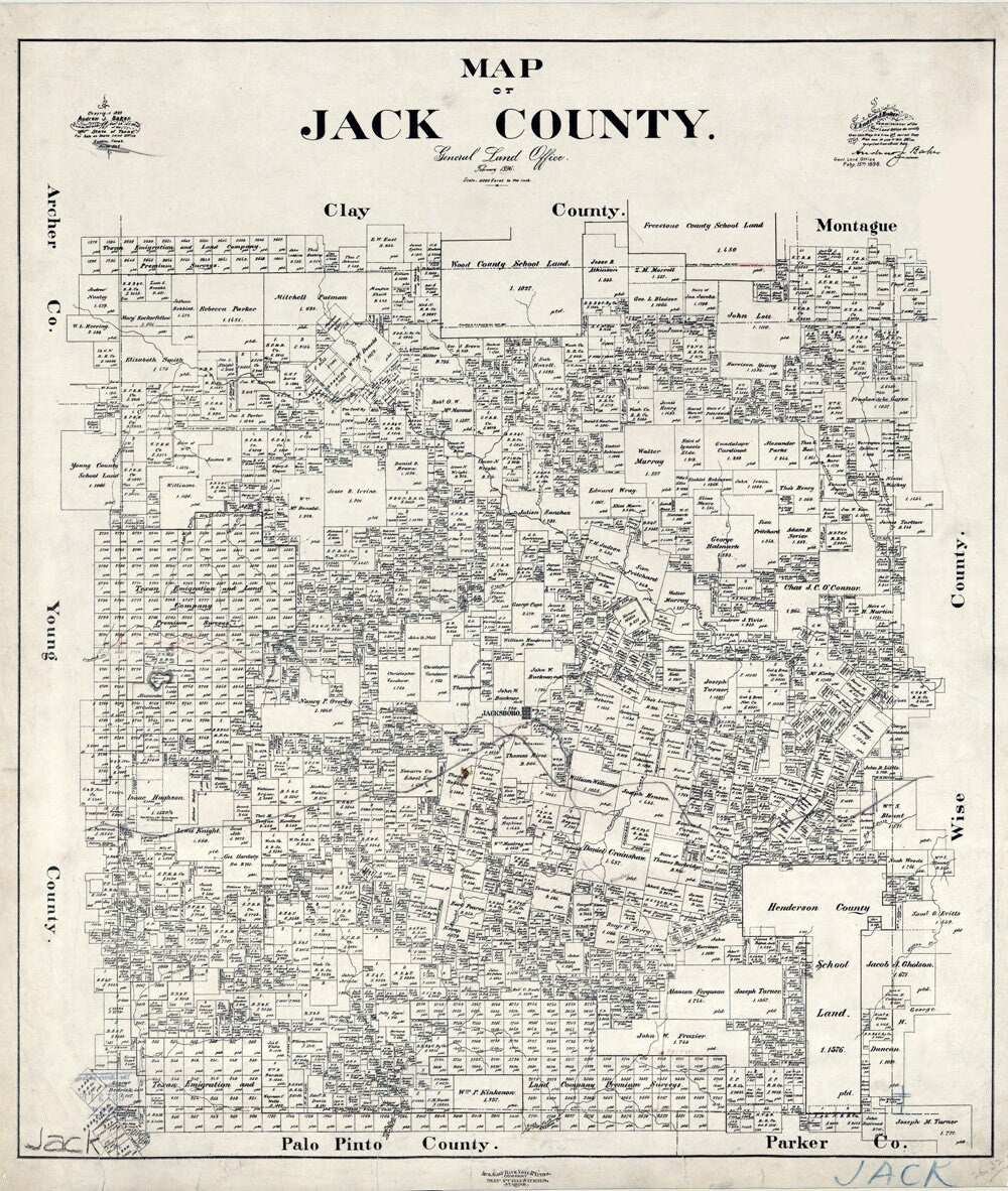 1896 Farm Line Map of Jack County Texas Jacksboro