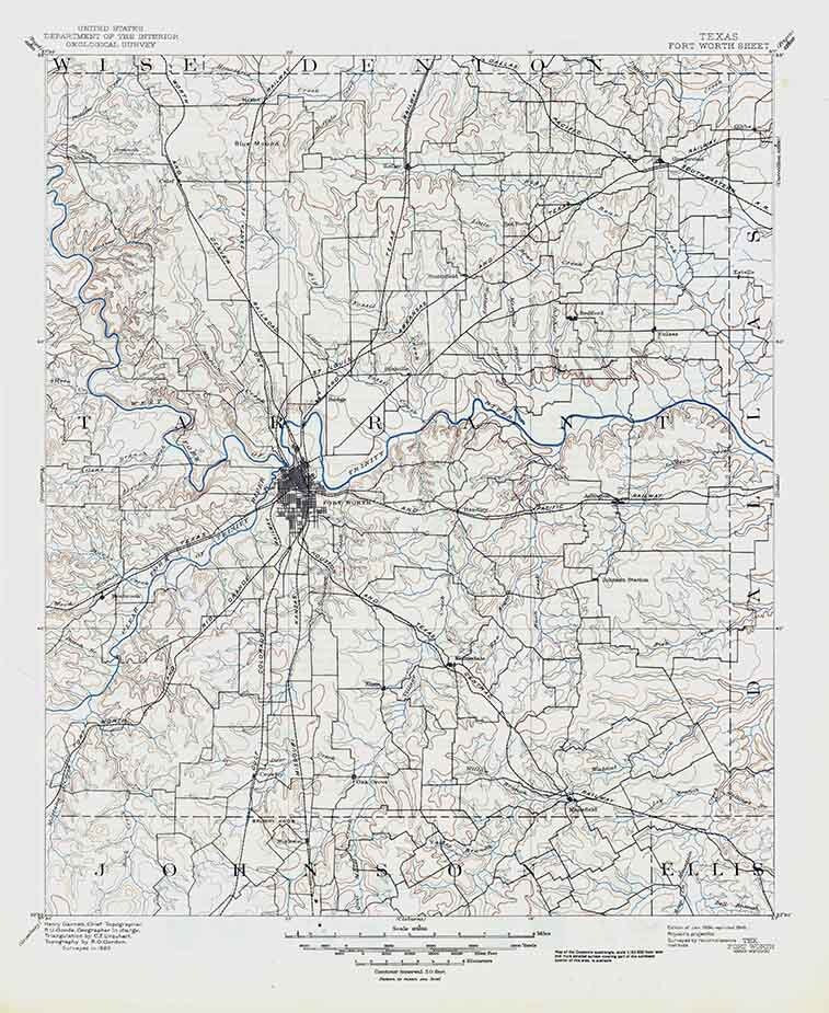 1894 Topo Map of Fort Worth Texas - Tarrant - Dallas - Johnson - Ellis