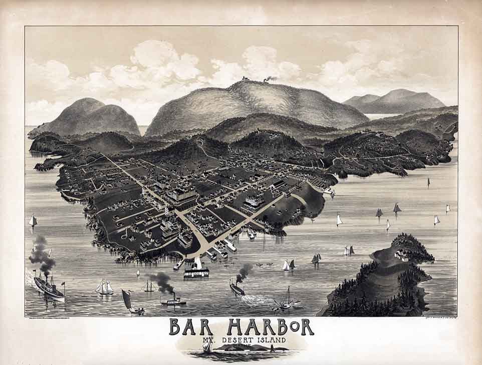 1886 Panoramic Map of Bar Harbor Mount Desert Island Maine