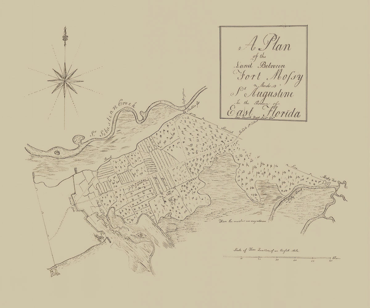1760 Map of Saint Augustine and land to Fort Mosey
