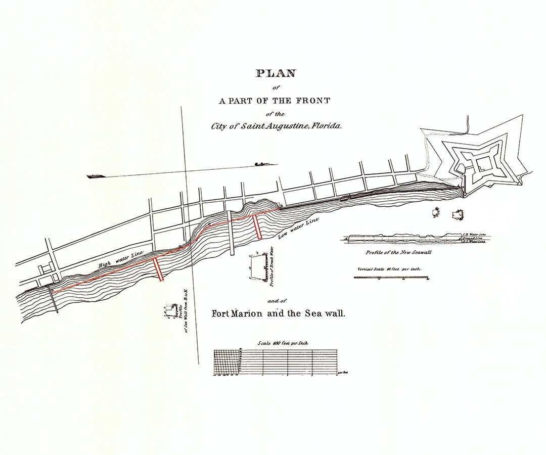 1835 Map of The Saint Augustine Florida Seawall and Fort Marion