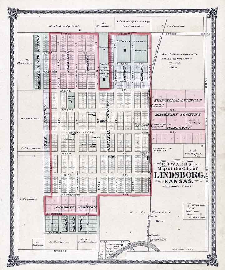 1884 Map of Lindsborg McPherson County Kansas