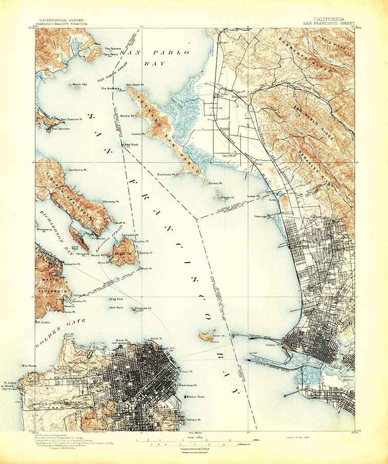 1895 Topo Map of San Francisco California Quadrangle Alcatraz