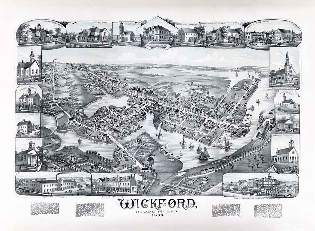 1888 Panoramic Map of Wickford Rhode Island
