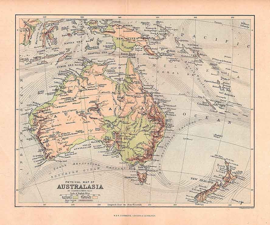 1888 Physical Map of Australasia Australia