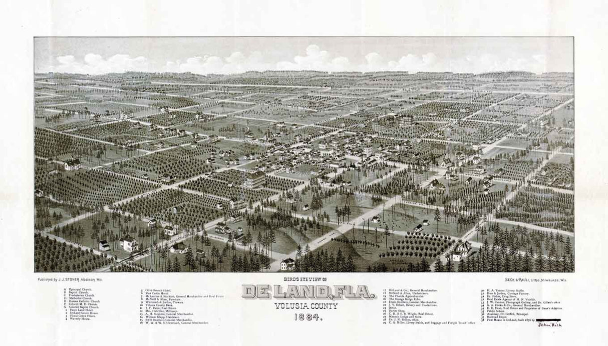 1884 Panoramic Map of De Land Volusia County Florida