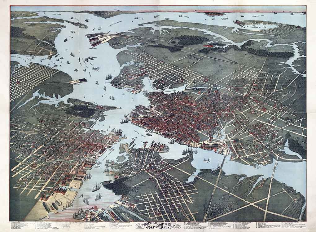 1891 Panoramic Map of Norfolk Portsmouth Berkley Norfolk County Virginia