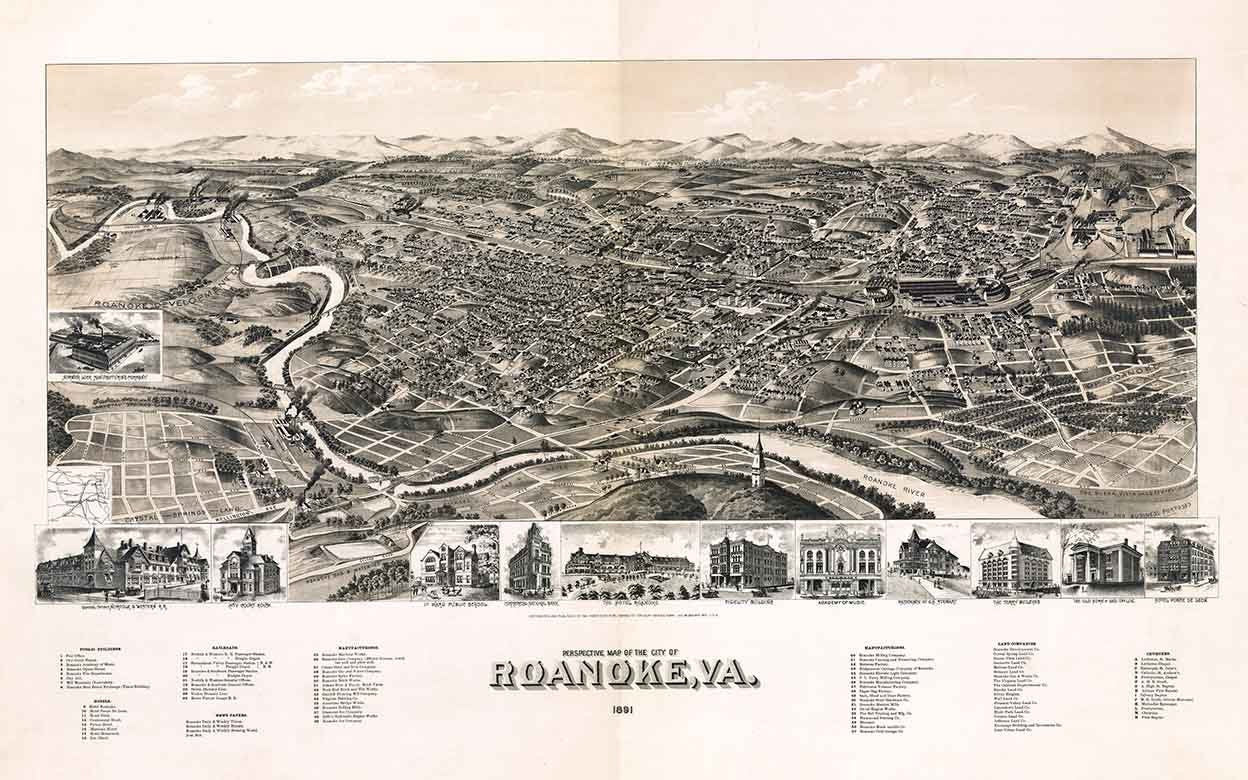 1891 Panoramic Map of Roanoke Virginia