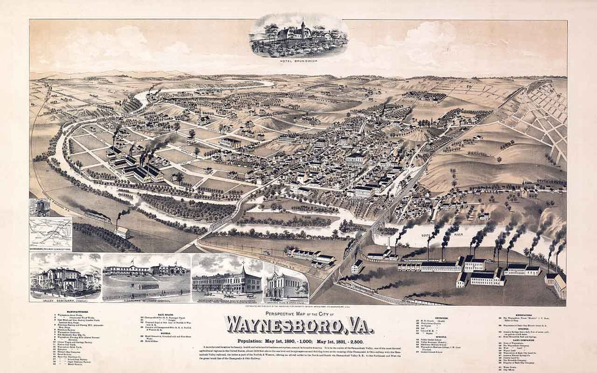 1891 Panoramic Map of Waynesboro Virginia