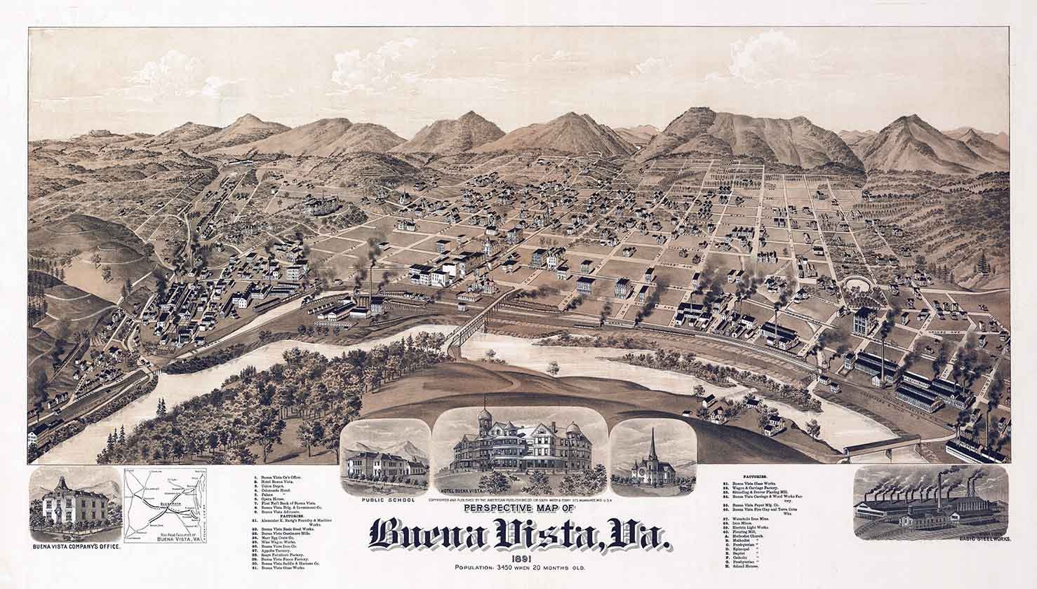 1891 Panoramic Map of Buena Vista Virginia