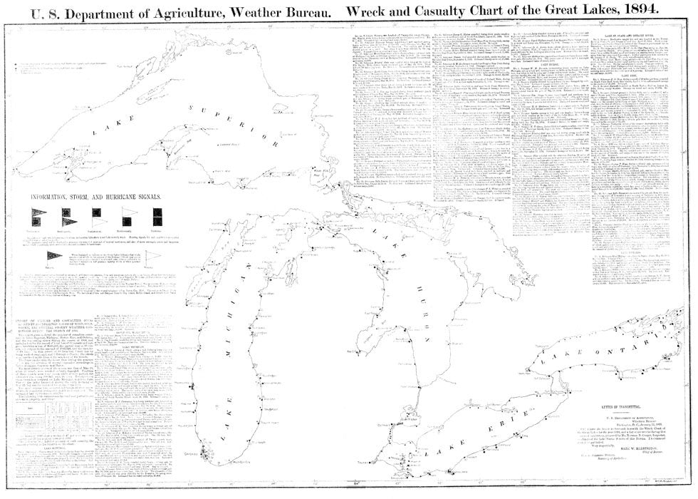 1894 Nautical Map Chart of Ship Wrecks in the Great Lakes Region