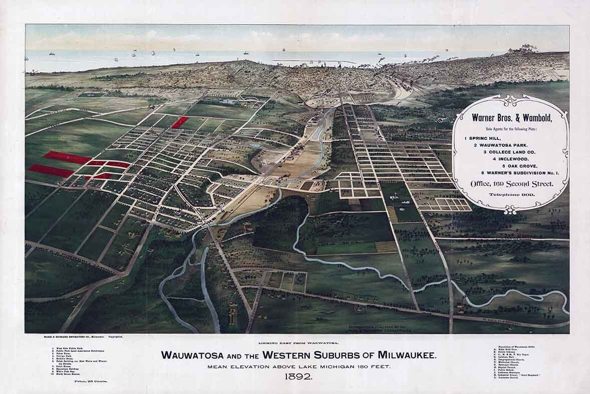 1892 Panoramic Map of Wauwatosa and Western Milwaukee Wisconsin