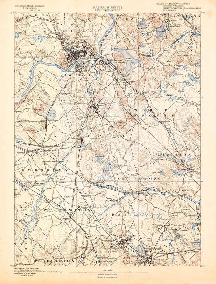 1888 Topo Map of Lawrence Massachusetts Quadrangle