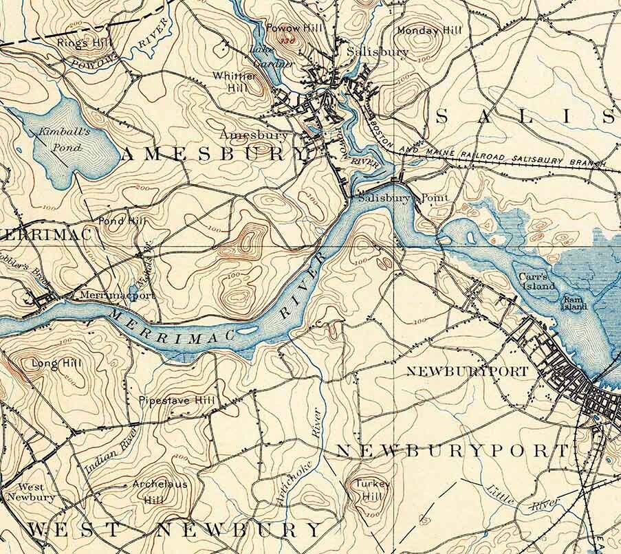 1890 Topo Map of Newburyport Massachusetts Quadrangle