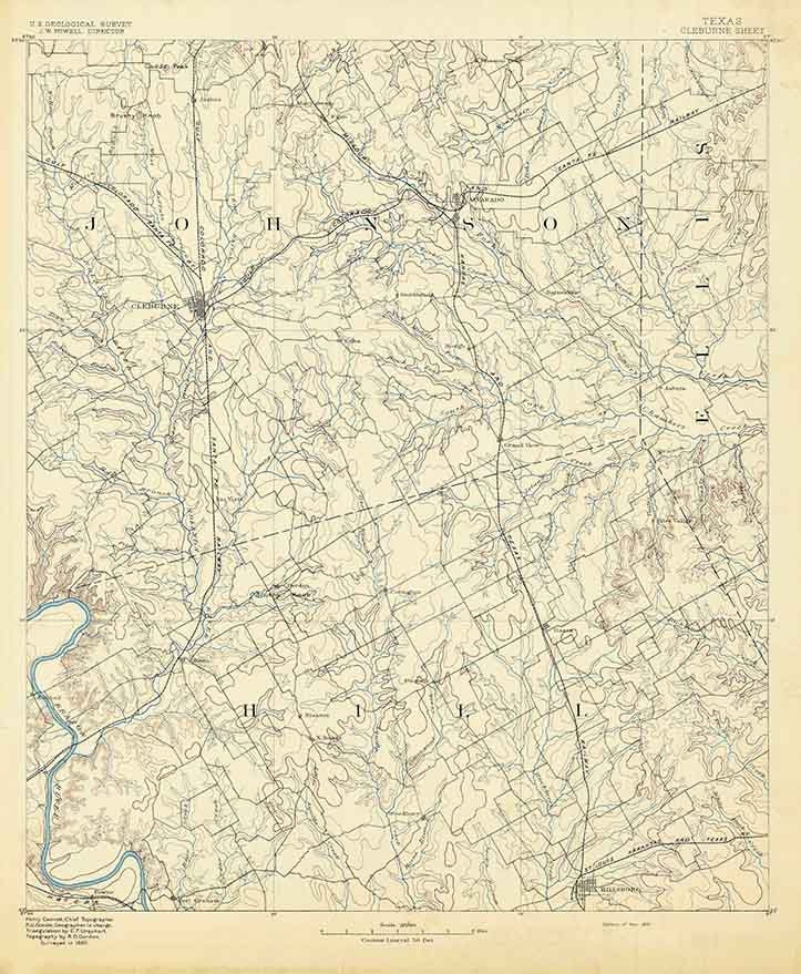 1891 Topo Map of Cleburne Texas - Johnson - Ellis
