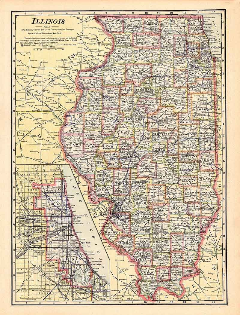 1911 Map of the State of Illinois Lake Michigan