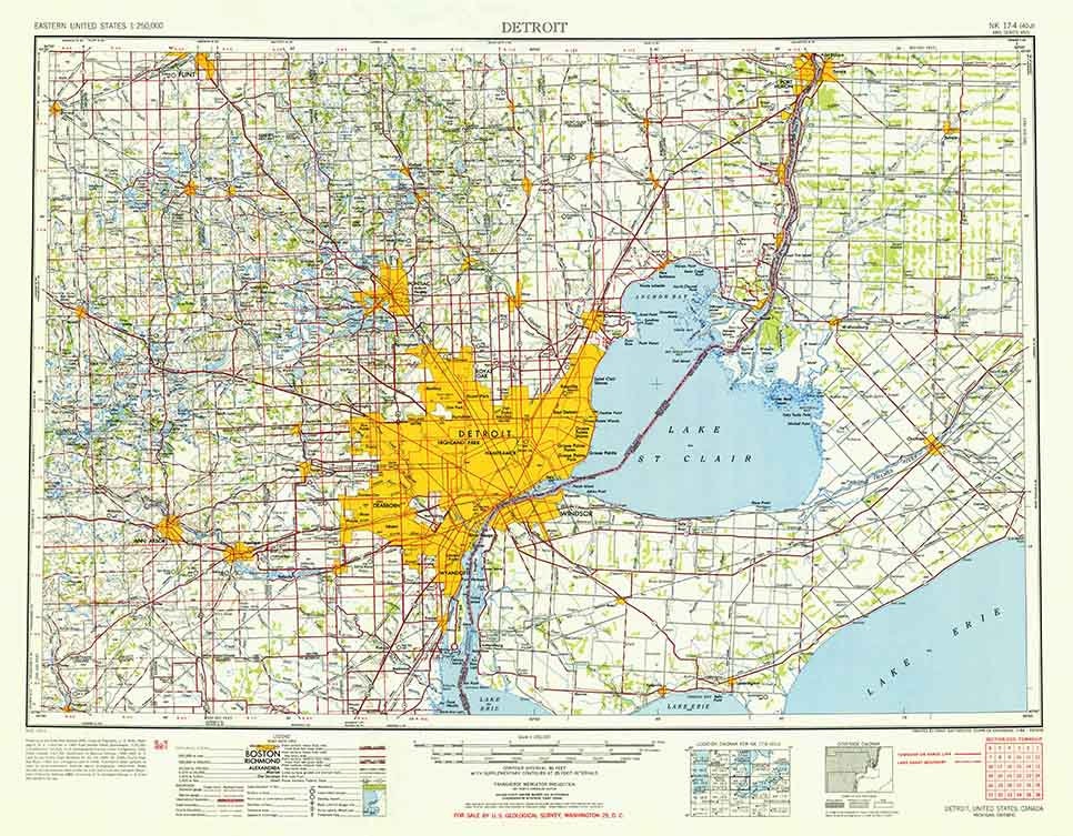 1954 Topo Map of Detroit Michigan Quadrangle Lake Saint Clair