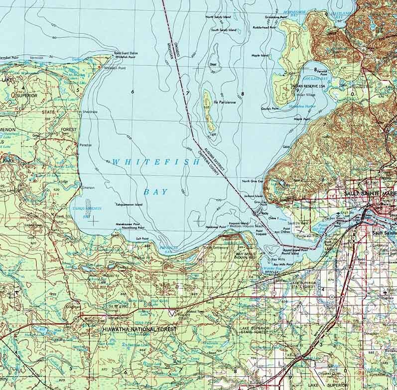 1954 Topo Map of Sault Sainte Marie Michigan Lake Superior & Whitefish Bay