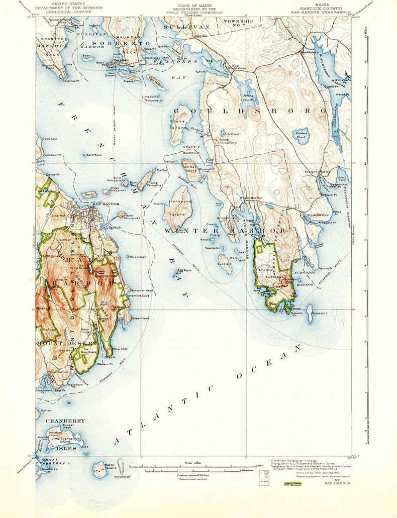 1904 Topo Map of Bar Harbor Maine Quad Acadia National Park