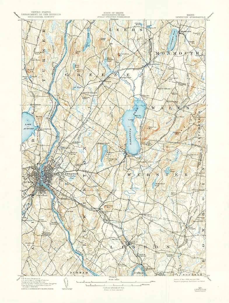 1908 Topo Map of Lewiston Maine Quad