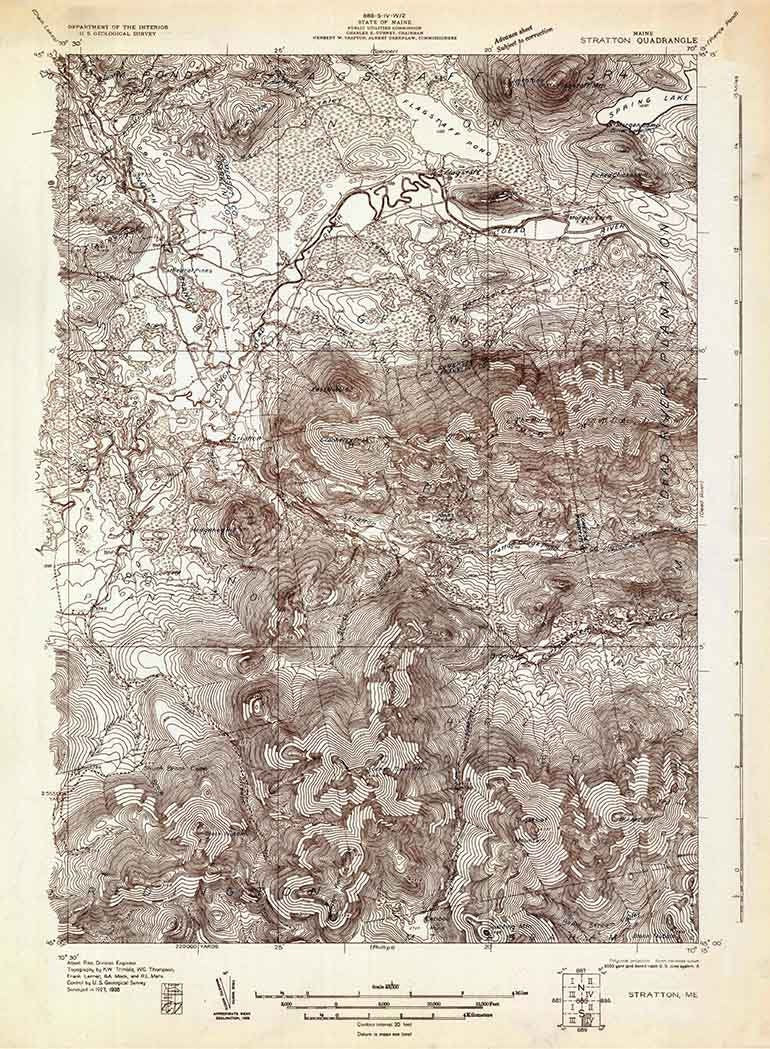 1928 Topo Map of Stratton Maine Quad Flagstaff Pond Bigelow Preserve