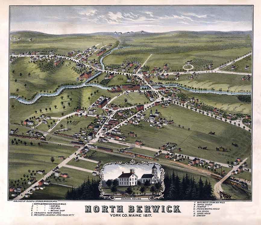 1877 Panoramic Map of North Berwick York County Maine