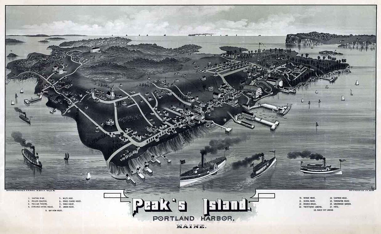 1886 Panoramic Map of Peaks Island Portland Harbor Maine