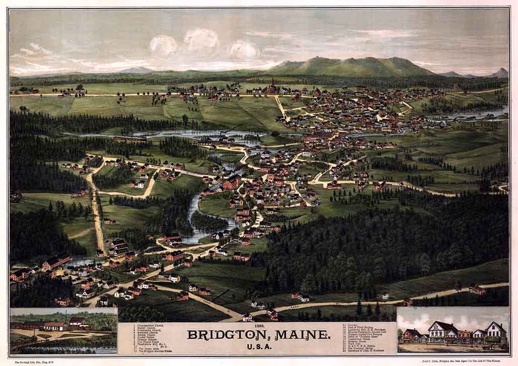 1888 Panoramic Map of Bridgton Maine
