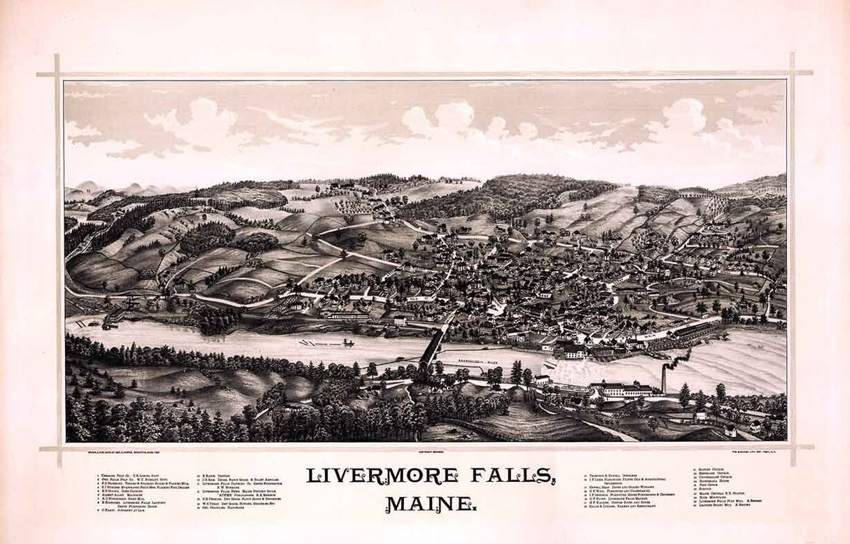1889 Panoramic Map of Livermore Falls Maine