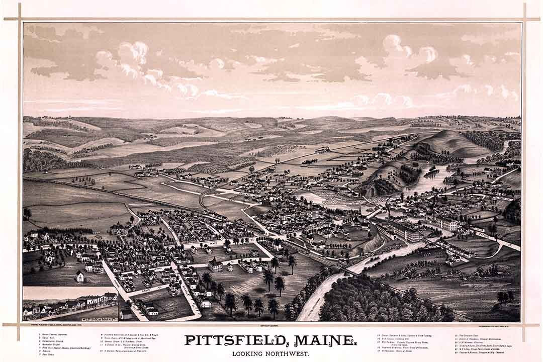 1889 Panoramic Map of Pittsfield Maine