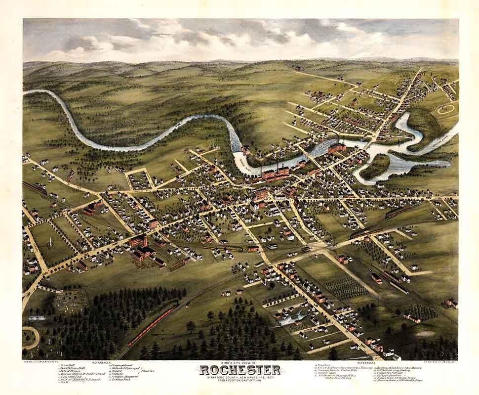 1877 Panoramic Map of Rochester Strafford County New Hampshire