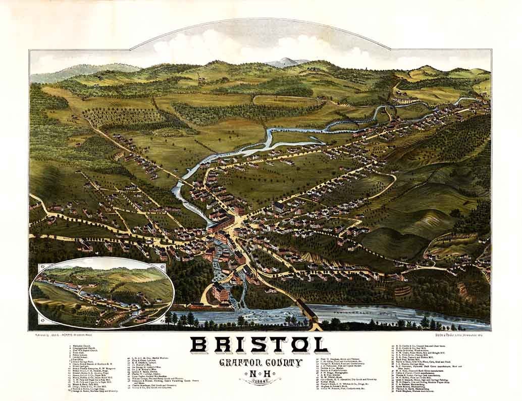 1884 Panoramic Map of Bristol Grafton County New Hampshire