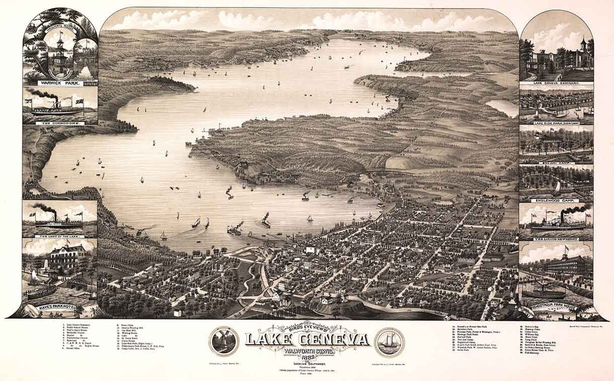 1882 Panoramic Map of Lake Geneva Walworth Wisconsin