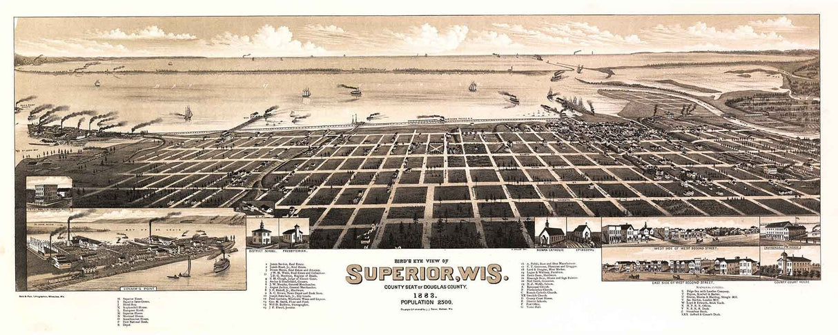 1883 Panoramic Map of Superior Wisconsin