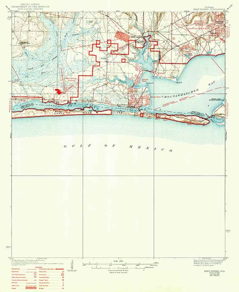 1938 Topo Map of Mary Esther Florida Quadrangle Fort Walton Beach
