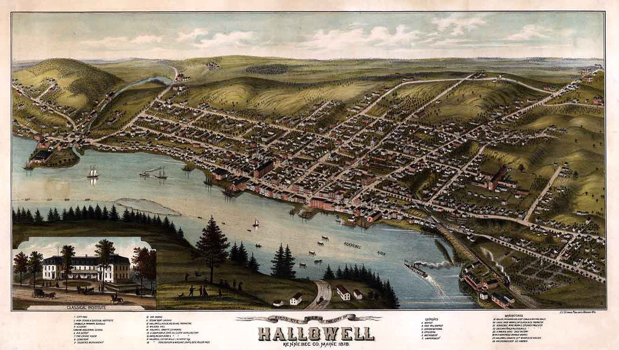 1878 Panoramic Map of Hallowell Kennebec Company Maine