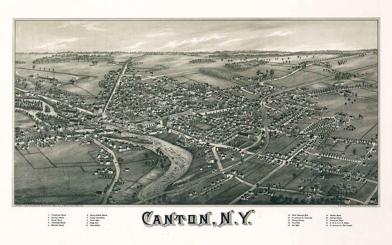 1885 Panoramic Map of Canton New York