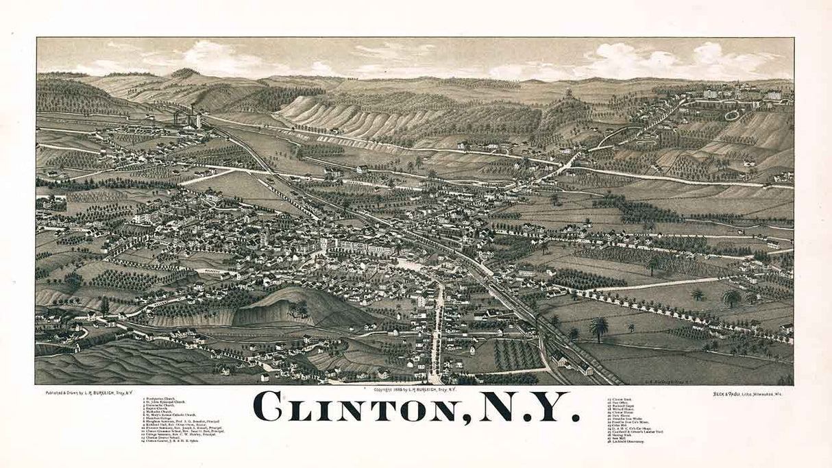 1885 Panoramic Map of Clinton New York