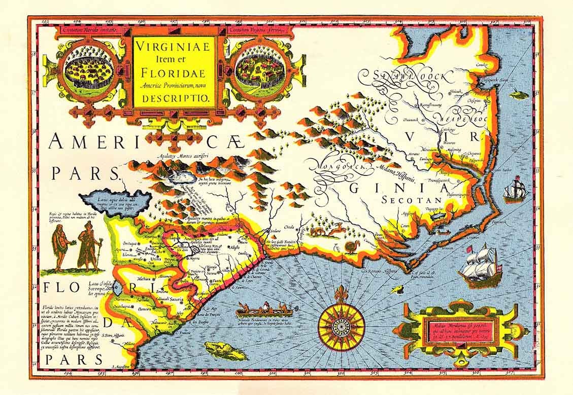 16th Century Map of Virginia Florida Eastern America
